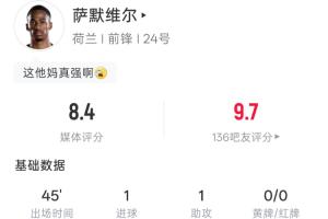 連場破門！薩默維爾數(shù)據(jù)：出場45分鐘1射1正得1球1助 吧友評分9.7