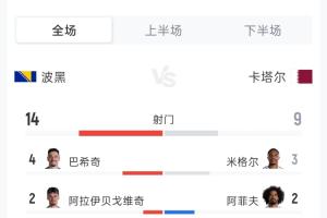 波黑3-1卡塔爾全場數據：射門14-9 射正5-3 角球5-5 黃牌0-1-jx