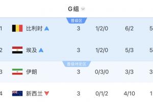 G組最終積分榜：比利時、埃及前二出線，伊朗第3待定，新西蘭淘汰